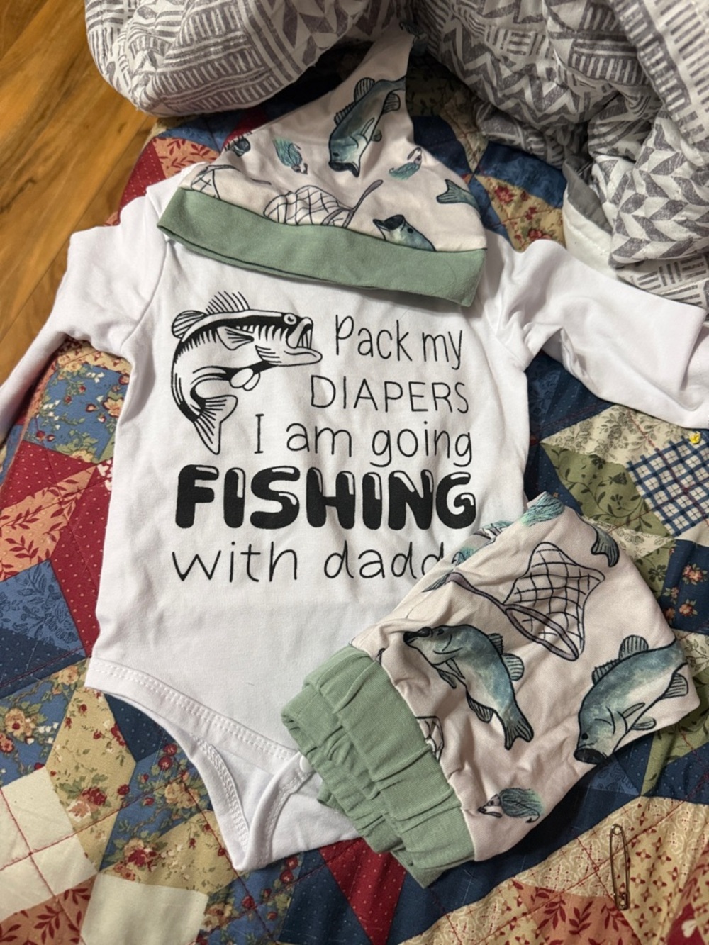 Baby Fishing Onesie Set - White with Sage Green & Fish Print